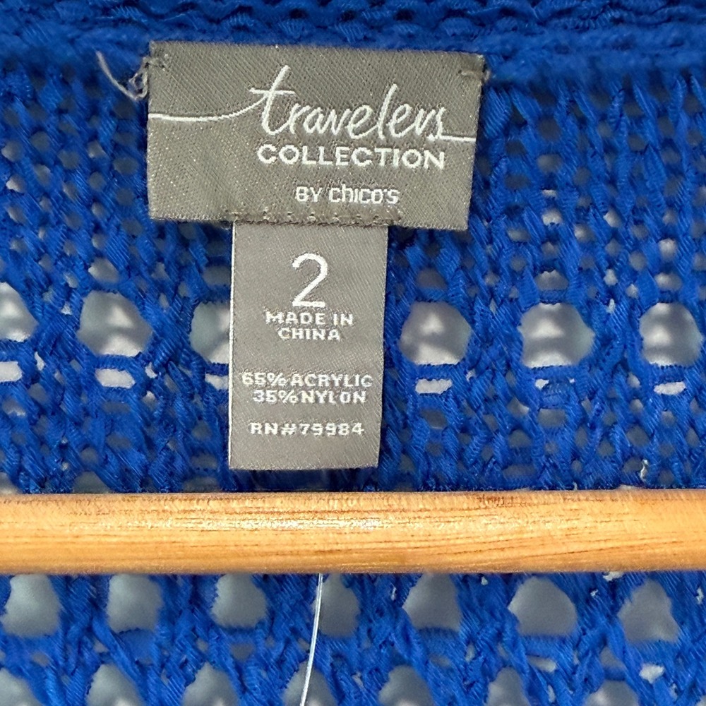 NWT Chico's Travelers Fringe Cardigan L 2 Kinetic Blue Open Knit Coastal Preppy - Picture 4 of 8